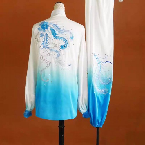 Customized size White  blue gradient  Chinese kung fu Tai Chi clothing for women embroidery phoenix girls children wushu qigong performance costume group clothes